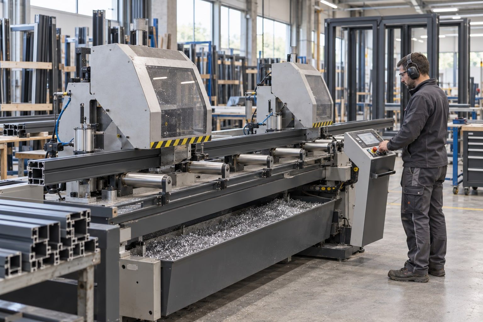 Opérateur devant un centre de coupe de profilés aluminium, profilés bruts en attente, dans un atelier