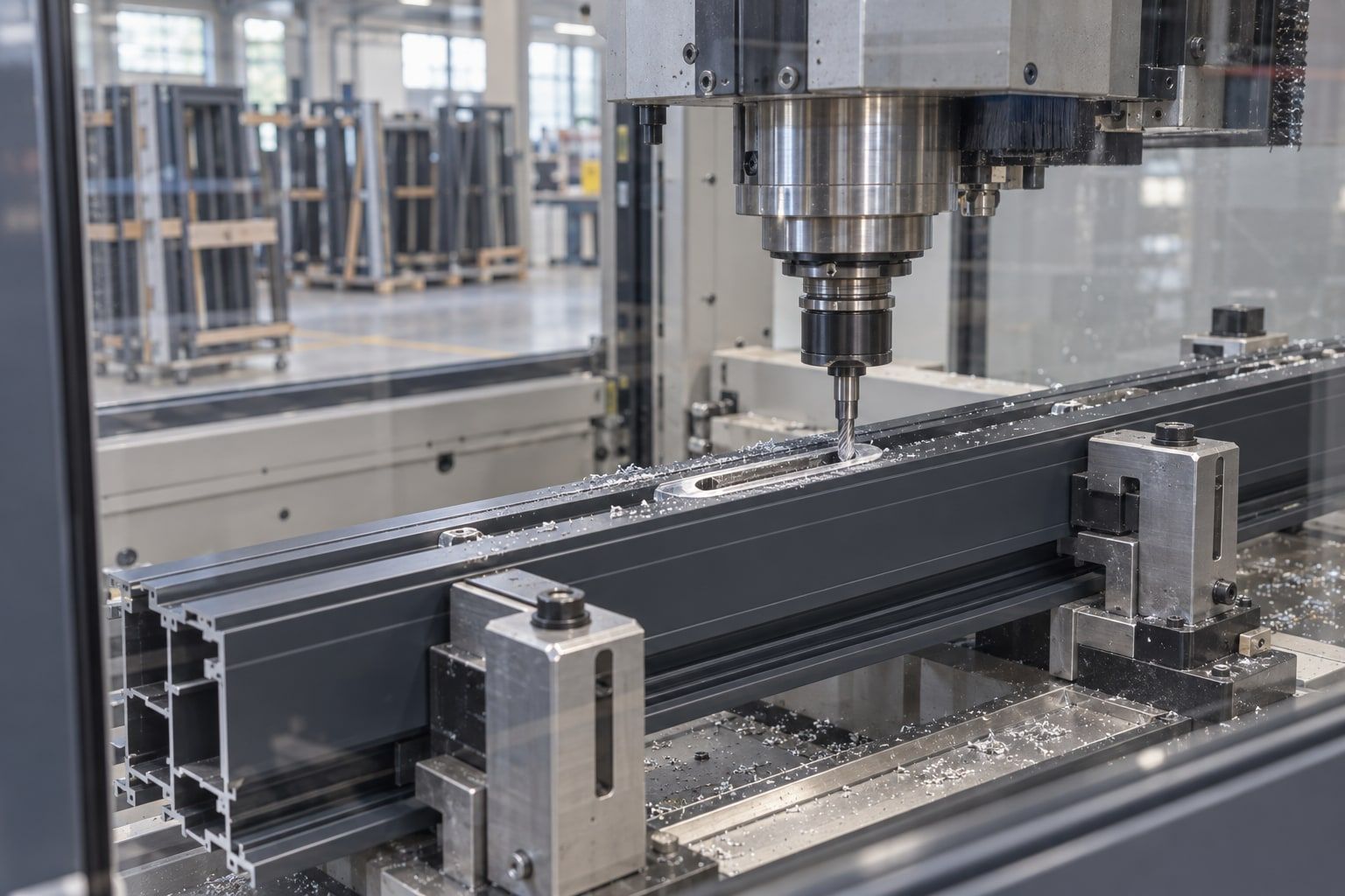 Broche d'usinage perçant un profilé aluminium maintenu par des étaux
