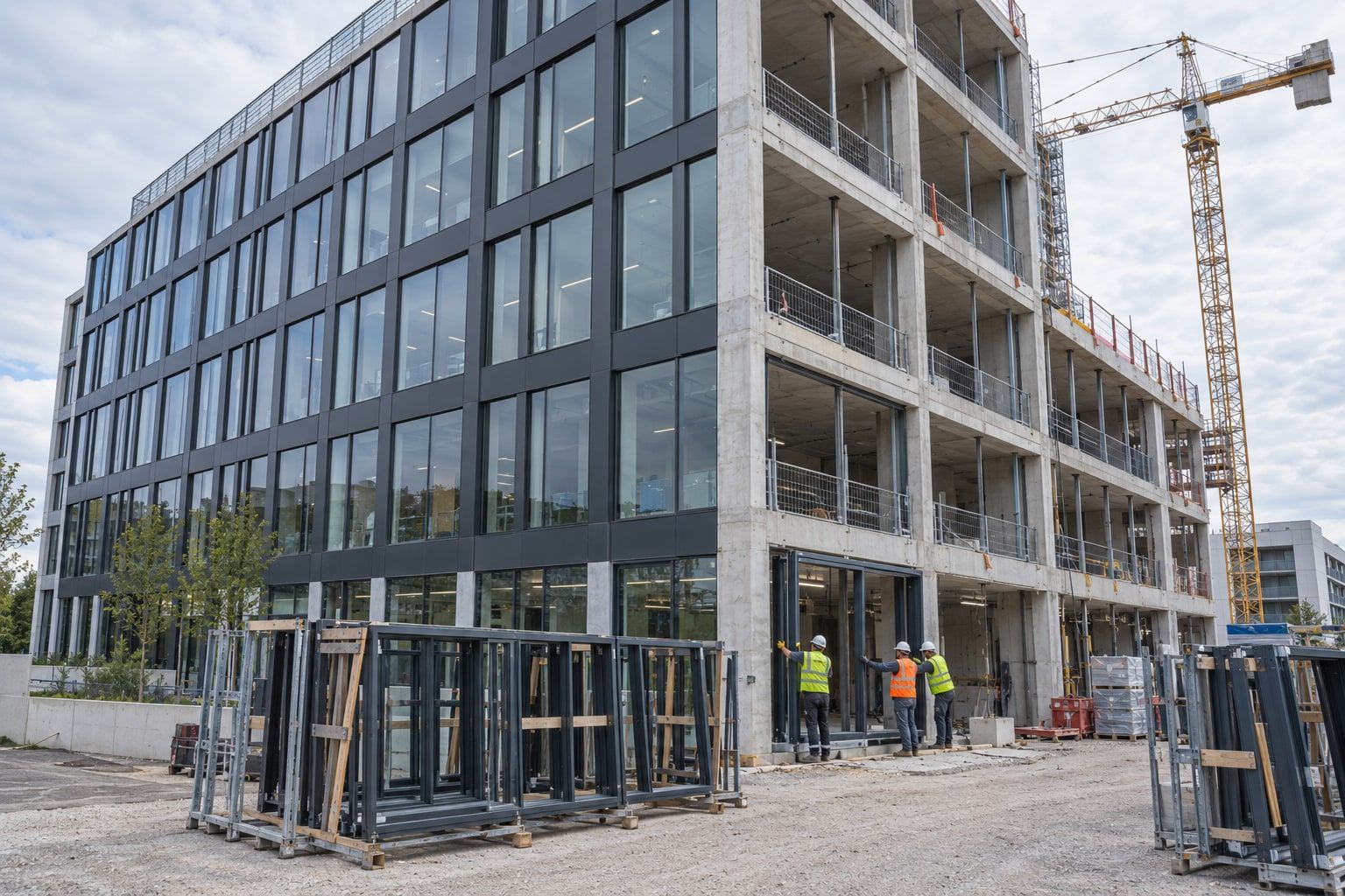Façade de bureaux en cours d'équipement en mur rideau, grue et palettes de châssis sur le chantier
