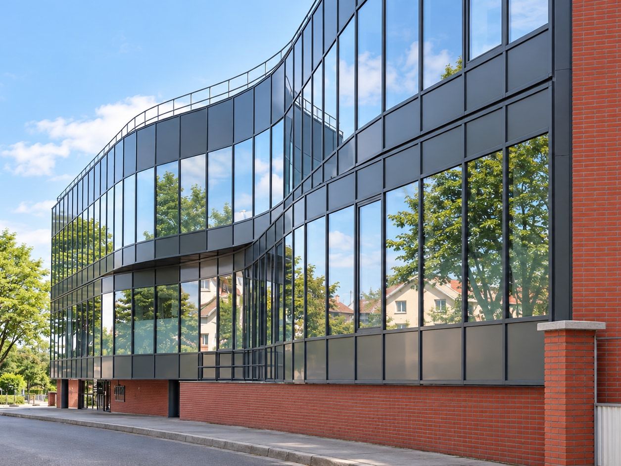 Façade vitrée en mur rideau aluminium sur soubassement en brique