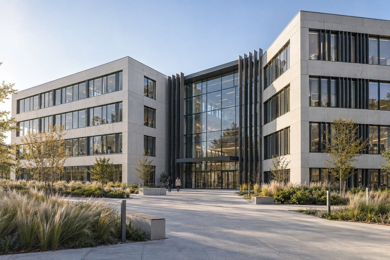 Immeuble de bureaux à façade vitrée et atrium en mur rideau aluminium