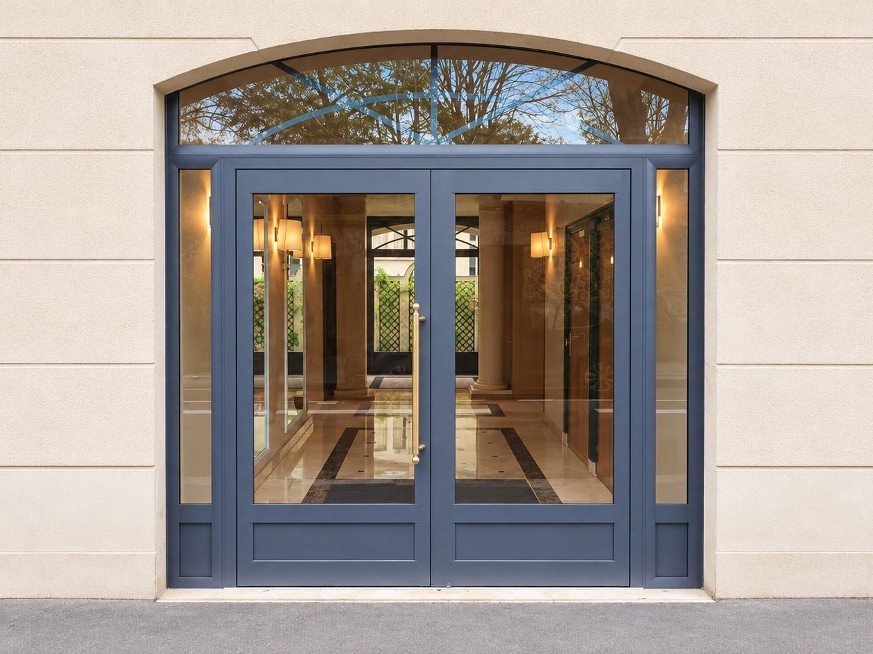 Porte de hall d'immeuble en aluminium à imposte cintrée