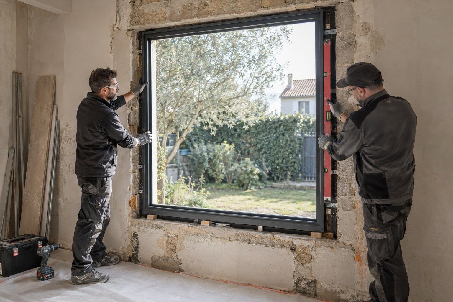 Deux poseurs installent une fenêtre aluminium dans une ouverture de maçonnerie en rénovation