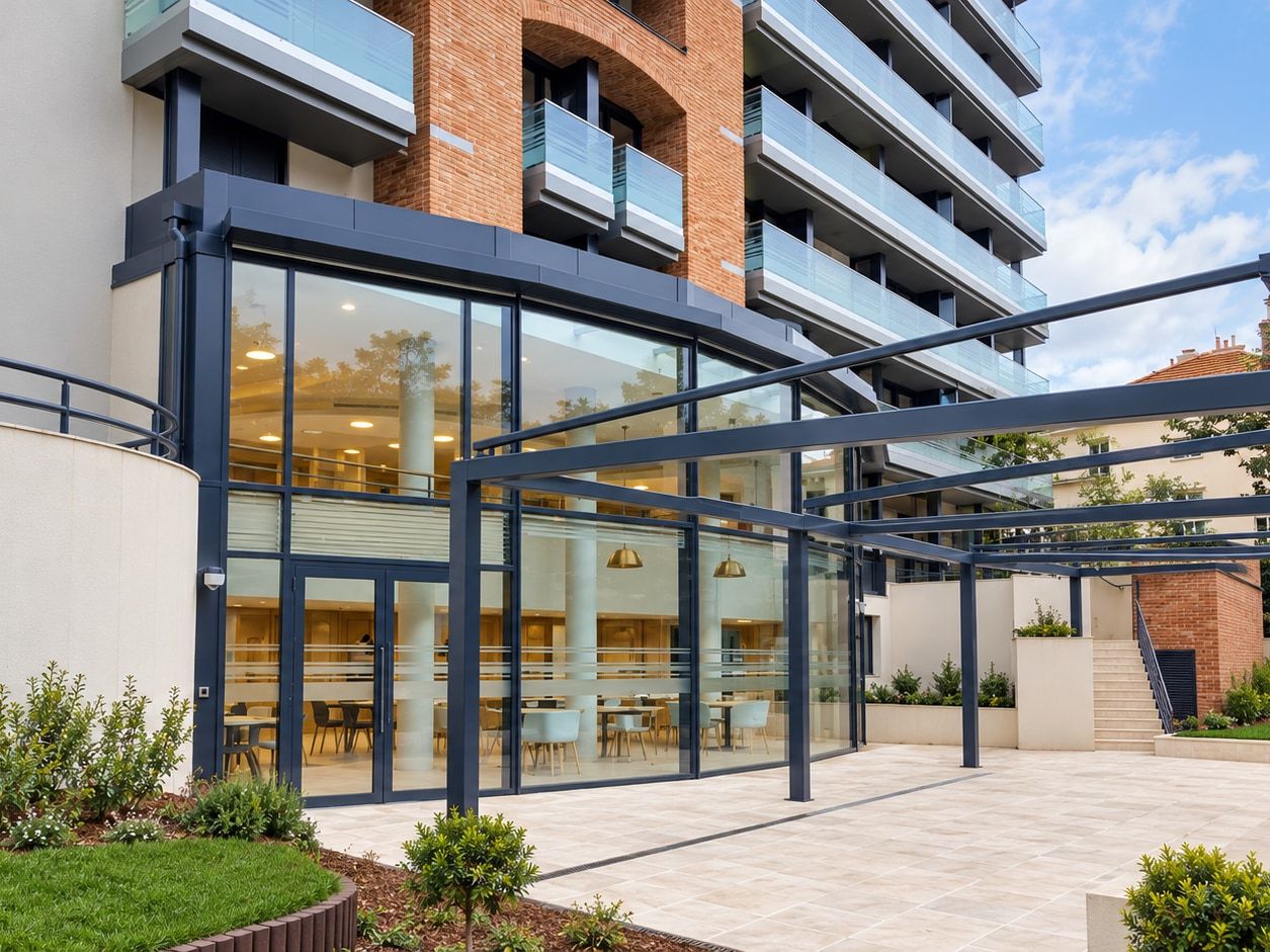 Pergola aluminium devant une façade vitrée de résidence